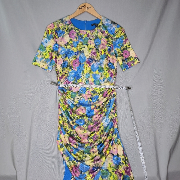 Black Halo Women's Blue Delina Ruched Floral-Print Sheath Dress Size 6 - Picture 4 of 9